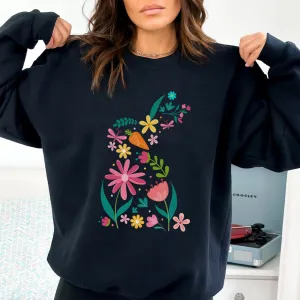 Floral Bunny Sweatshirt, Easter Crewneck, Rabbit Silhouette, Easter Bunny T-Shirt, Nature Lover, Easter Gift,Flowered Rabbit Gift, Cute Easter Tee