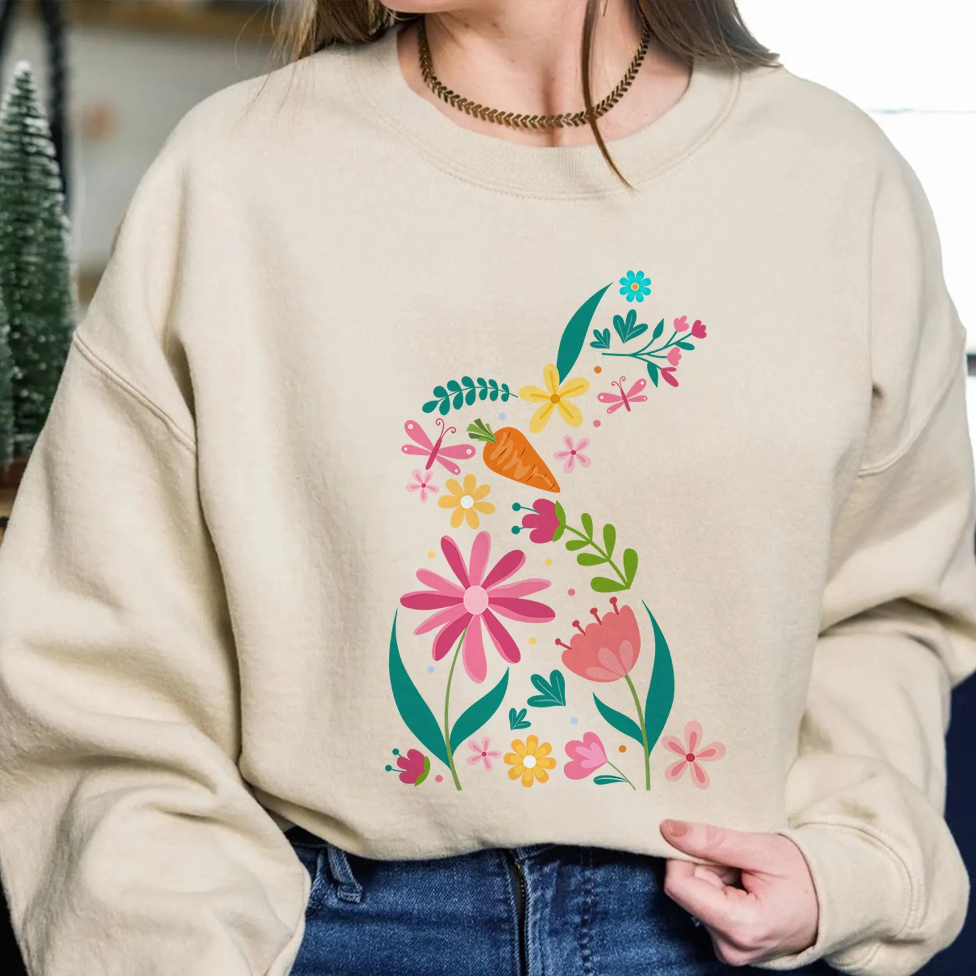 Floral Bunny Sweatshirt, Easter Crewneck, Rabbit Silhouette, Easter Bunny T-Shirt, Nature Lover, Easter Gift,Flowered Rabbit Gift, Cute Easter Tee