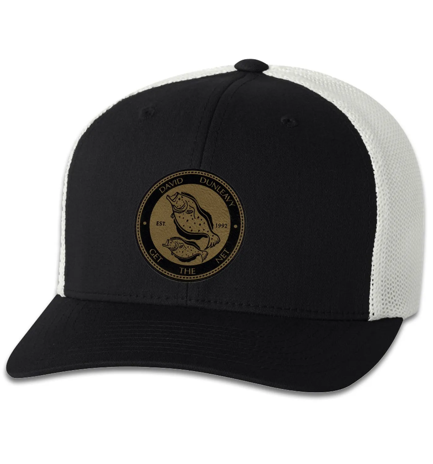 Flounder Deco 6 Panel Flexfit Trucker Hat Black White