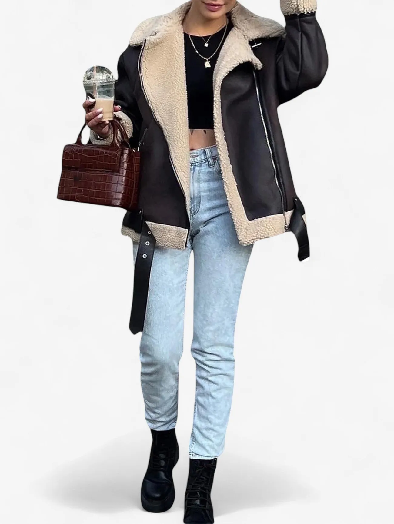 Foxes | Women's Motorcycle Jacket Warm Winter Coat with Belt