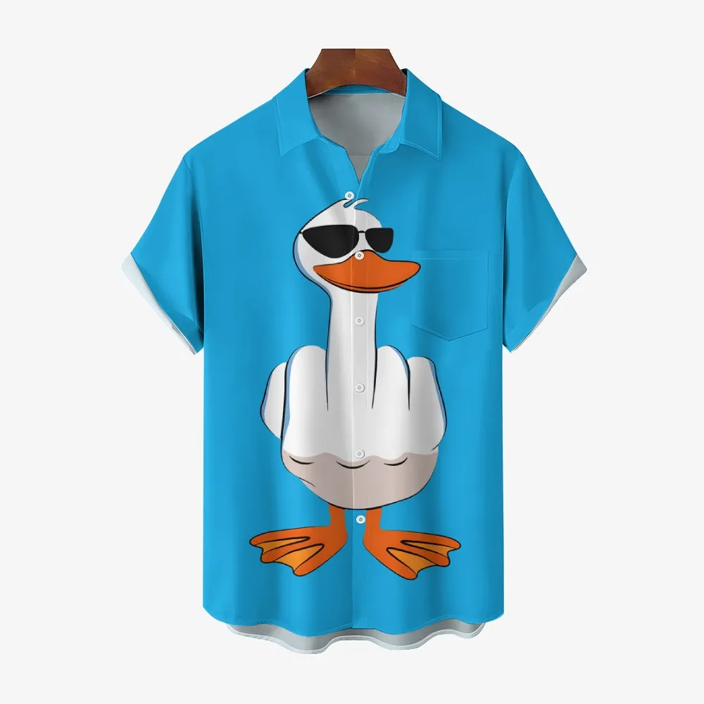 Funny Cartoon Duck Print Men's Button Pocket Short Sleeve Shirt 2412008281