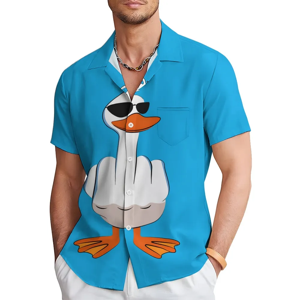 Funny Cartoon Duck Print Men's Button Pocket Short Sleeve Shirt 2412008281