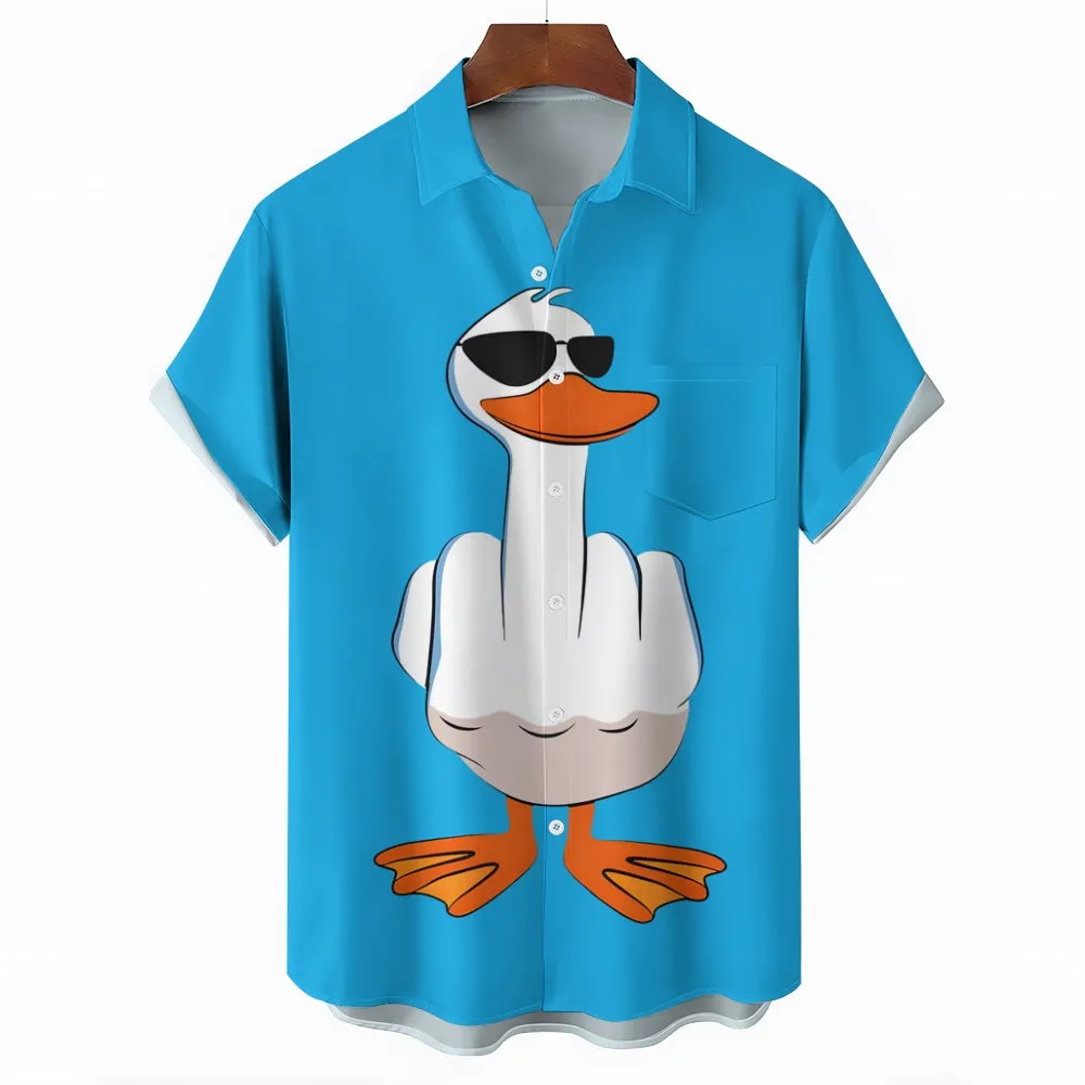 Funny Cartoon Duck Print Men's Button Pocket Short Sleeve Shirt 2412008281
