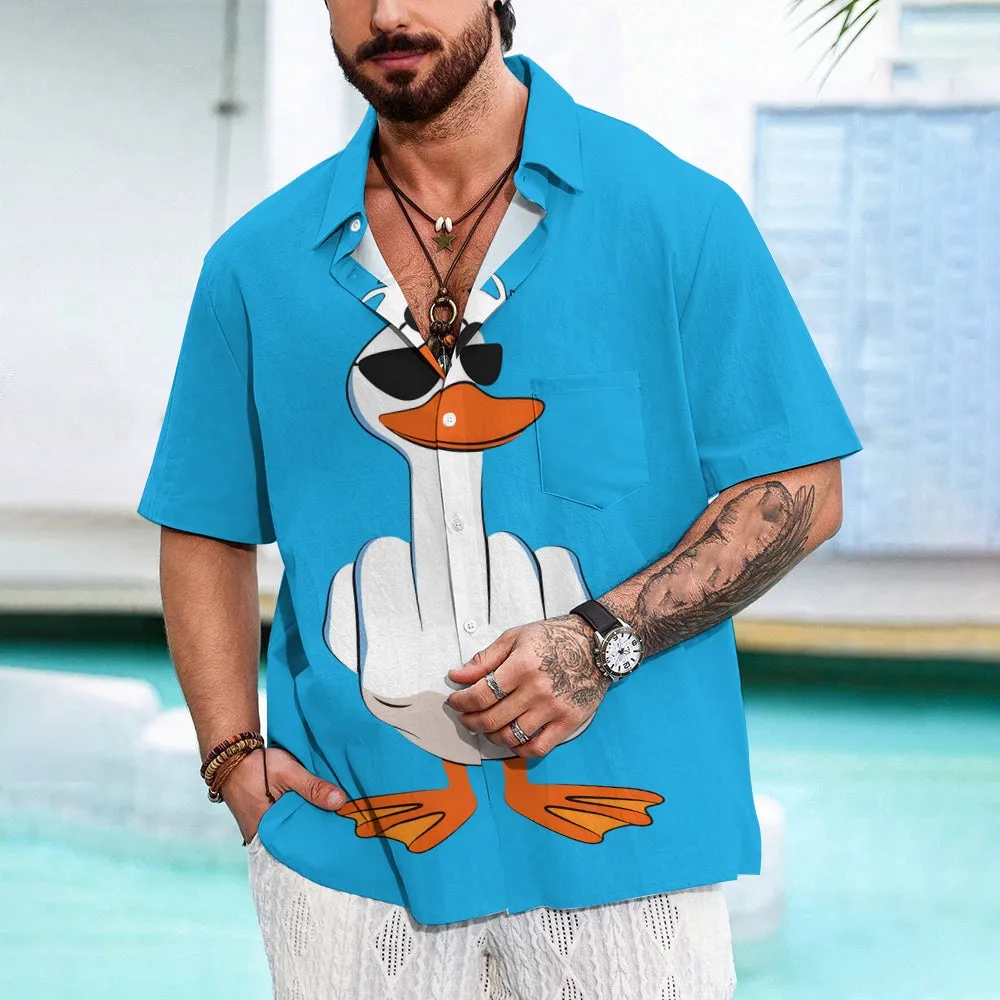 Funny Cartoon Duck Print Men's Button Pocket Short Sleeve Shirt 2412008281