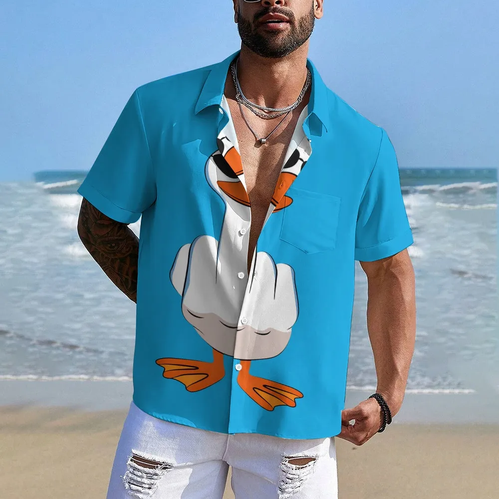 Funny Cartoon Duck Print Men's Button Pocket Short Sleeve Shirt 2412008281