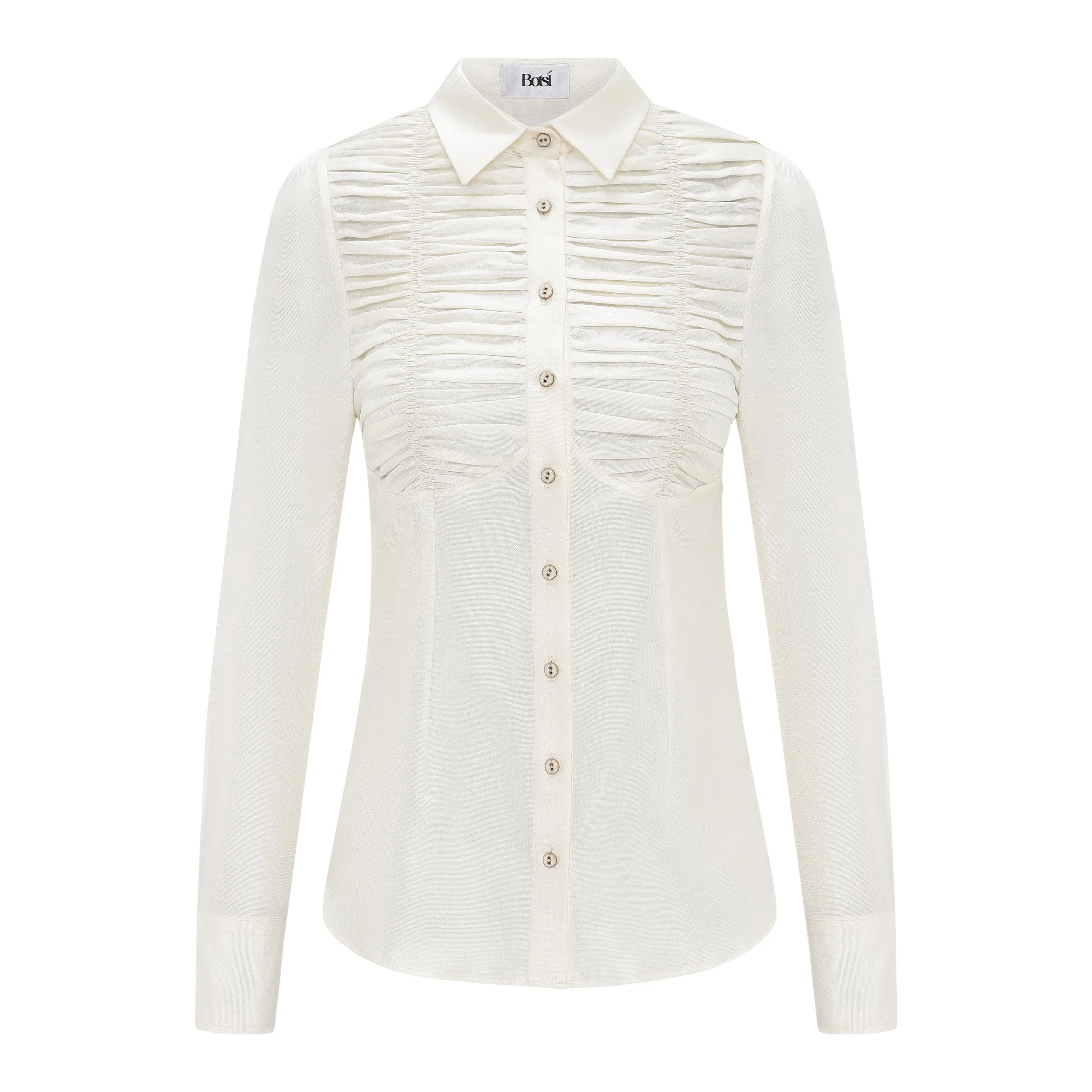 Gathered Long-Sleeve Silk Blouse (Try-on)