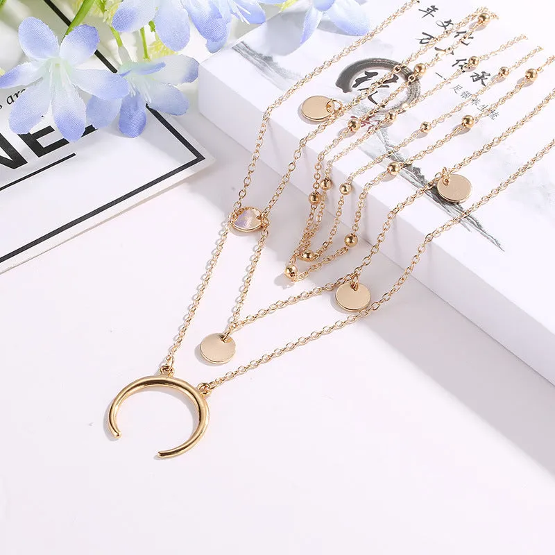 Gold Plated Layered Beads Half Moon Necklace