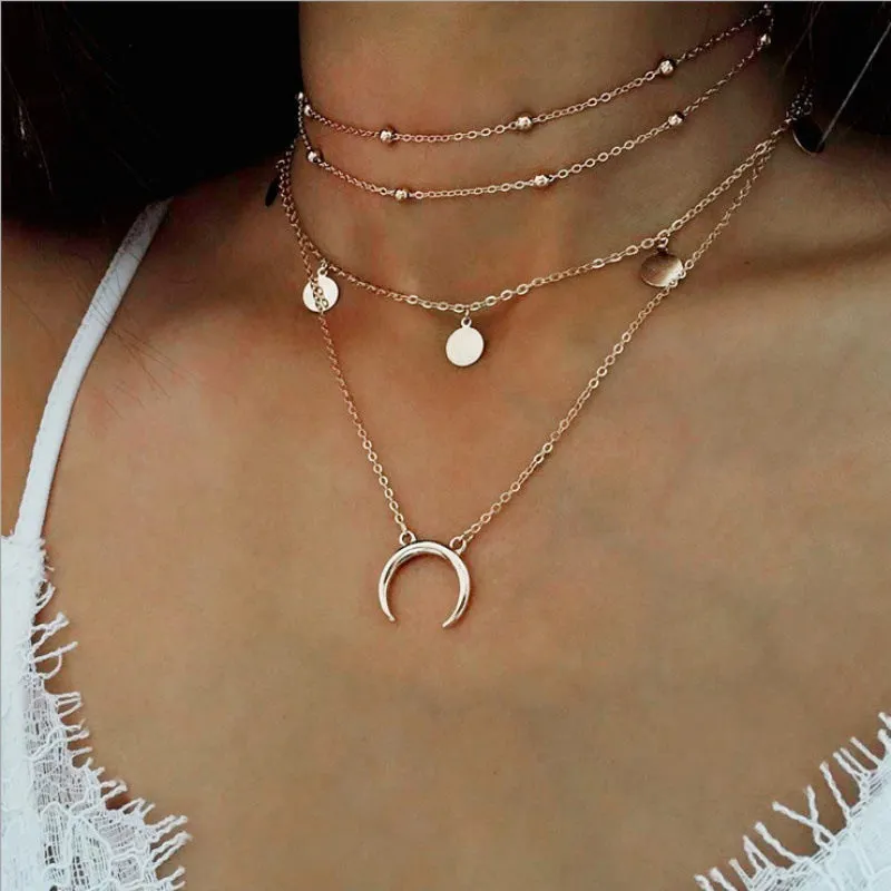 Gold Plated Layered Beads Half Moon Necklace