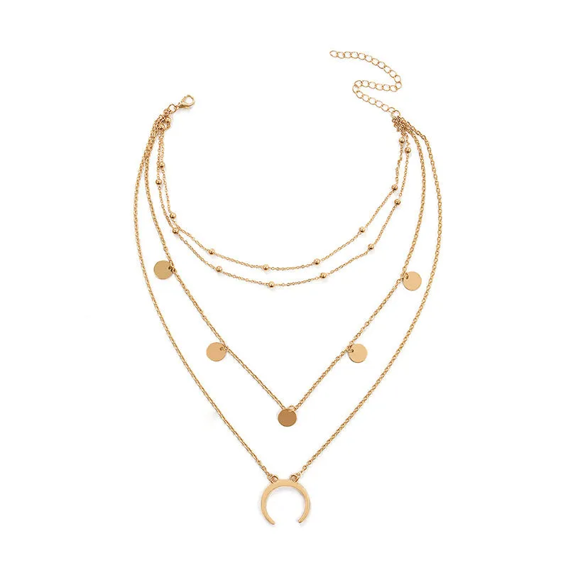 Gold Plated Layered Beads Half Moon Necklace