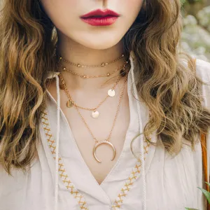 Gold Plated Layered Beads Half Moon Necklace