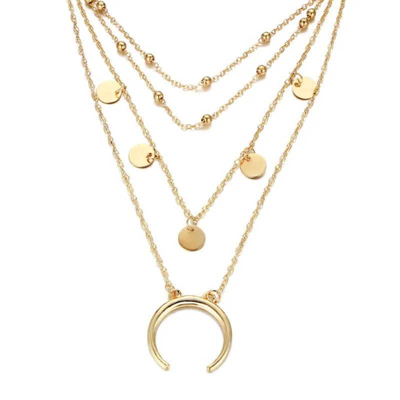 Gold Plated Layered Beads Half Moon Necklace