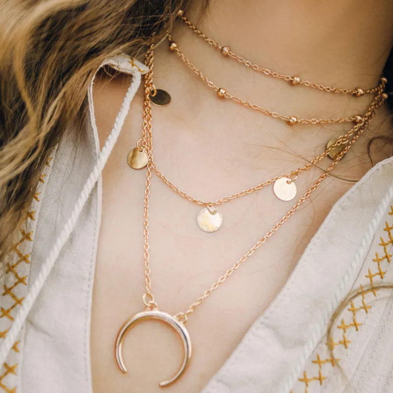 Gold Plated Layered Beads Half Moon Necklace