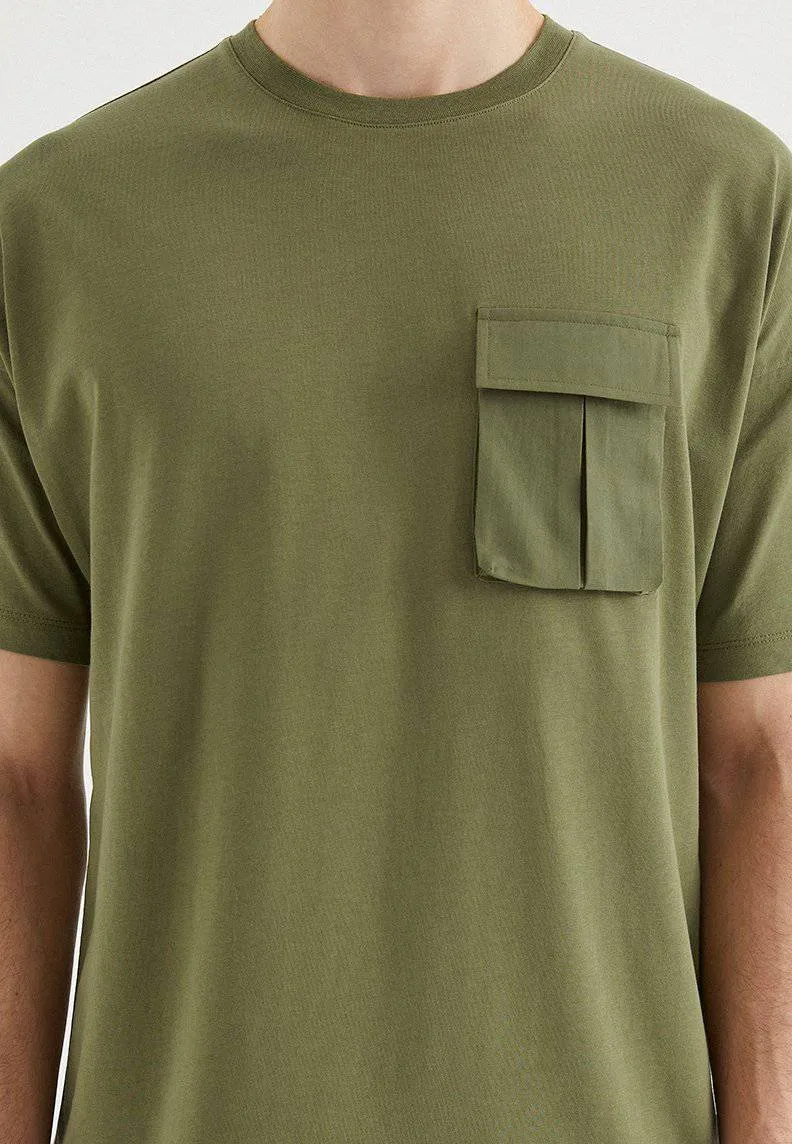 Haki Bisiklet Yaka Cepli Pamuklu Oversize Fit Erkek T-Shirt VITAL UTILITY