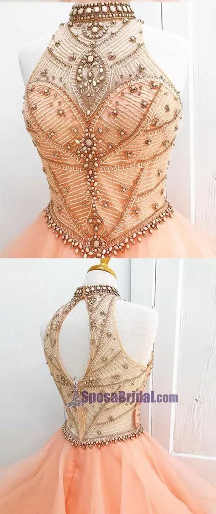 Halter High Neck Long Prom Gown, Beaded Open Back Elegant Formal Prom Dresses, PD0636