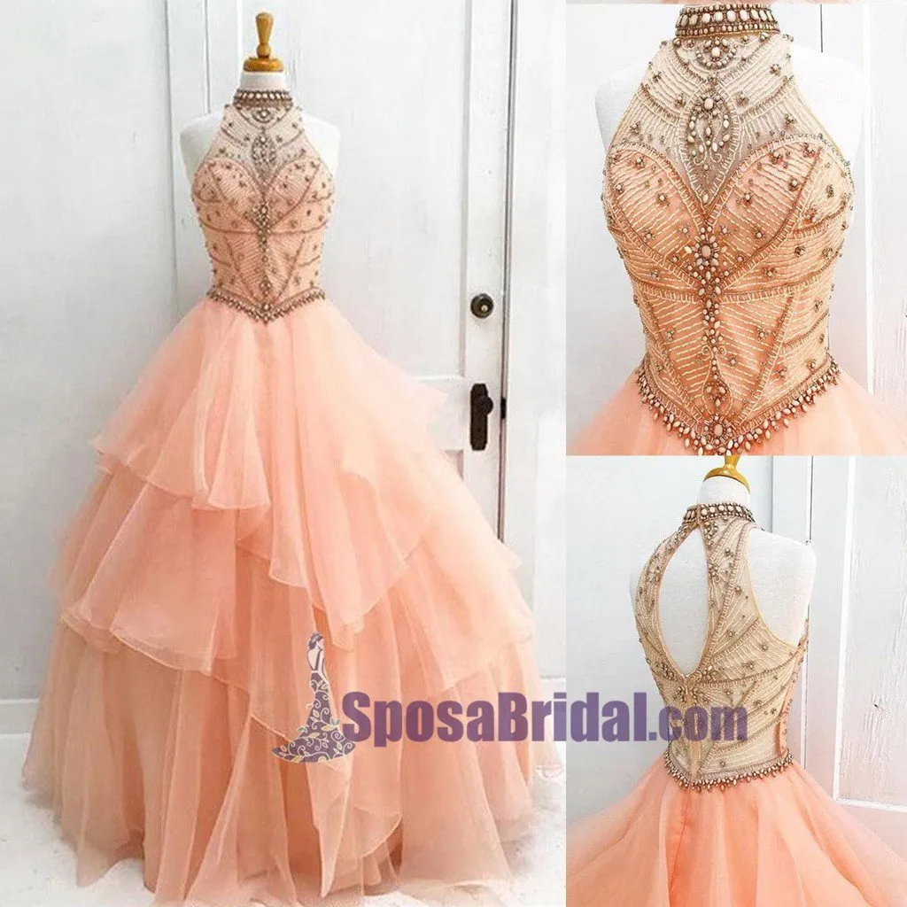 Halter High Neck Long Prom Gown, Beaded Open Back Elegant Formal Prom Dresses, PD0636