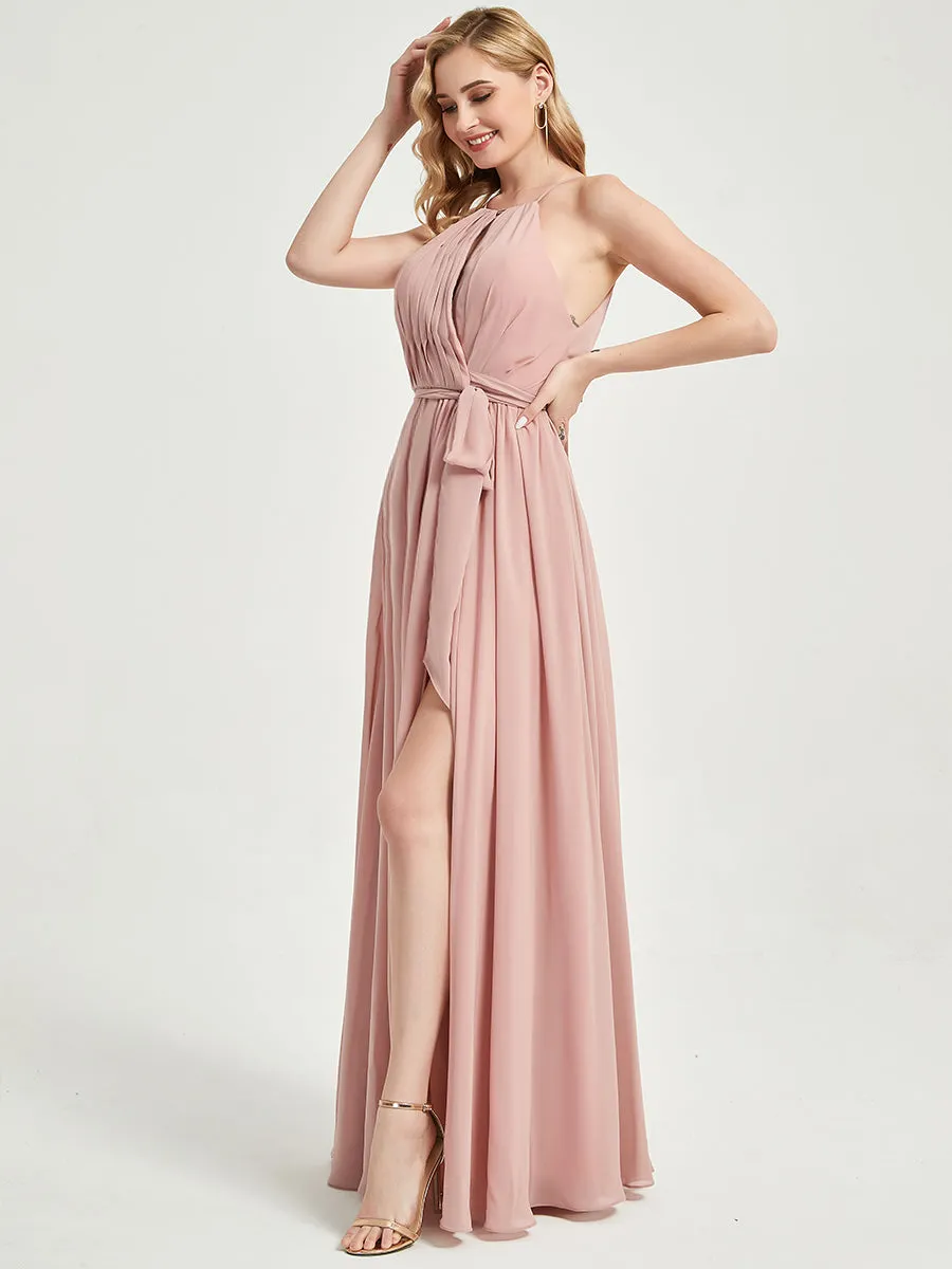 Halter Neck Slit Wrap Eucalyptus Chiffon Bridesmaid Dress Floor Length