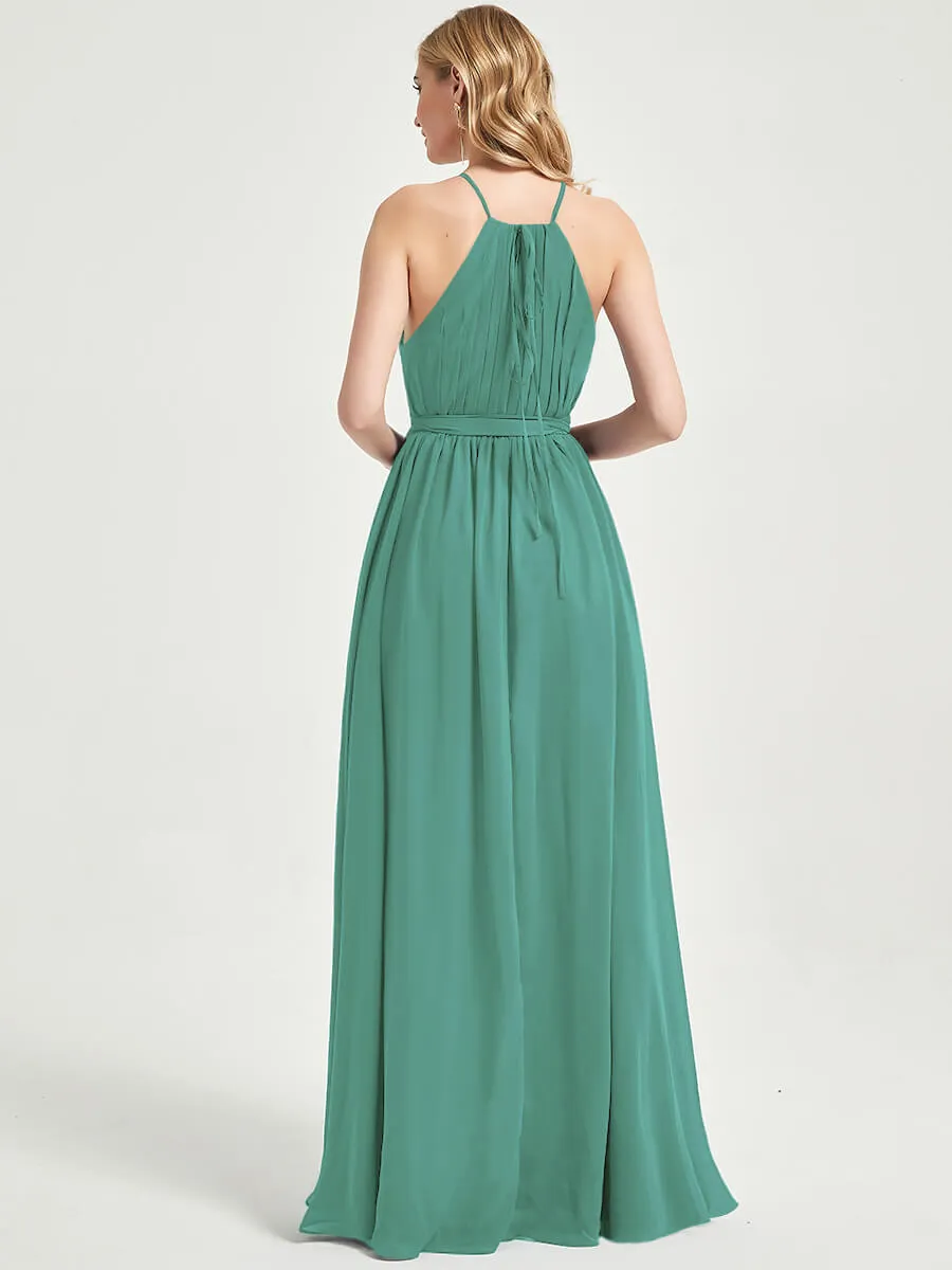 Halter Neck Slit Wrap Eucalyptus Chiffon Bridesmaid Dress Floor Length