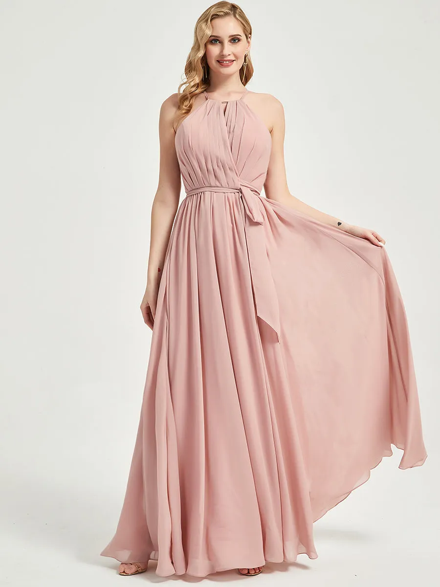 Halter Neck Slit Wrap Eucalyptus Chiffon Bridesmaid Dress Floor Length