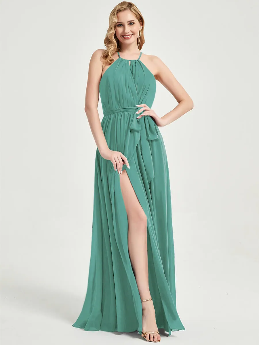 Halter Neck Slit Wrap Eucalyptus Chiffon Bridesmaid Dress Floor Length
