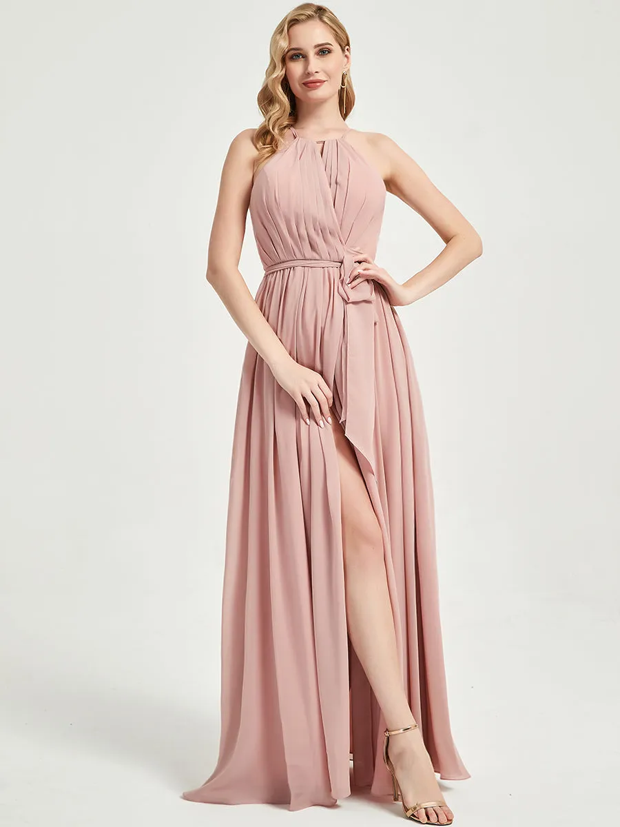 Halter Neck Slit Wrap Eucalyptus Chiffon Bridesmaid Dress Floor Length