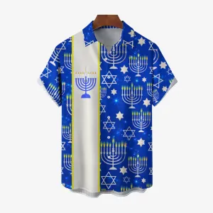 Happy Hanukkah Menorah Print Bowling Shirt 2411011882