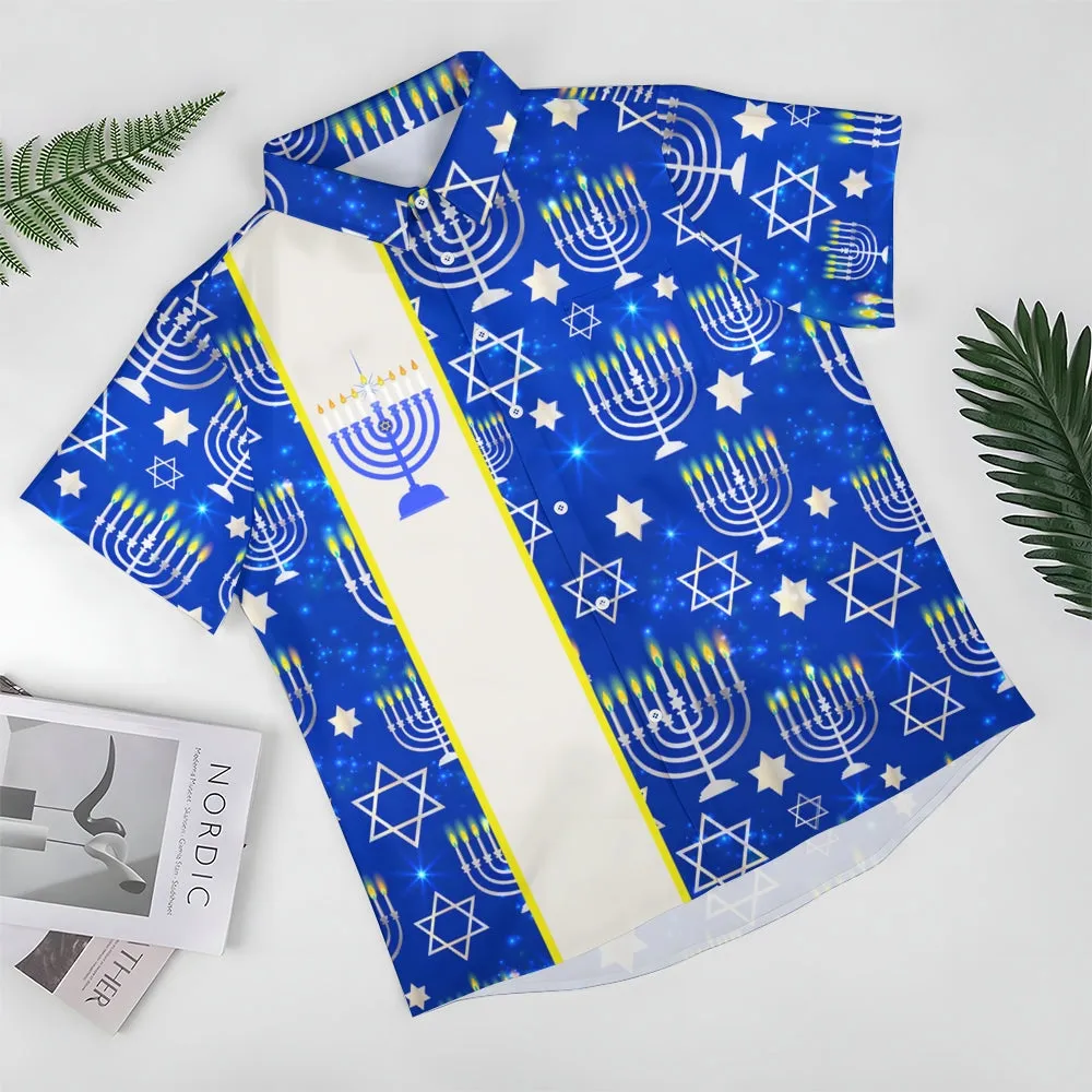 Happy Hanukkah Menorah Print Bowling Shirt 2411011882