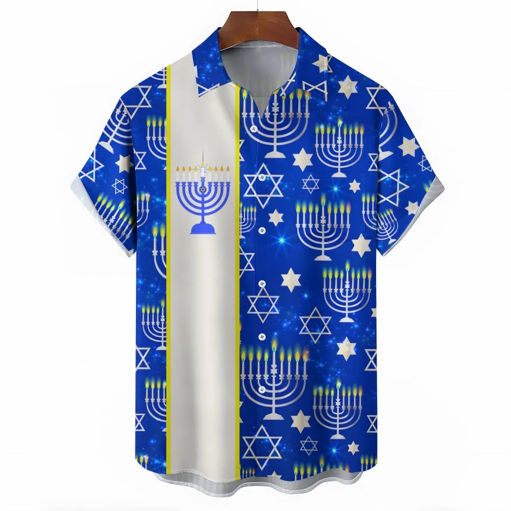 Happy Hanukkah Menorah Print Bowling Shirt 2411011882