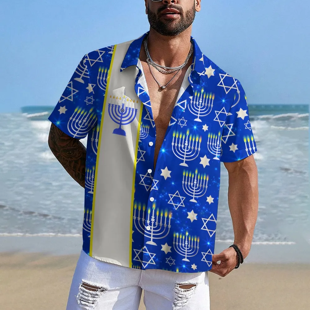 Happy Hanukkah Menorah Print Bowling Shirt 2411011882