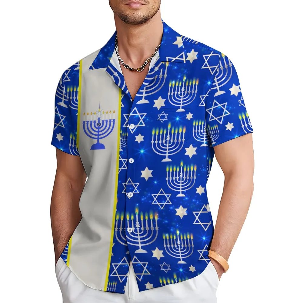 Happy Hanukkah Menorah Print Bowling Shirt 2411011882