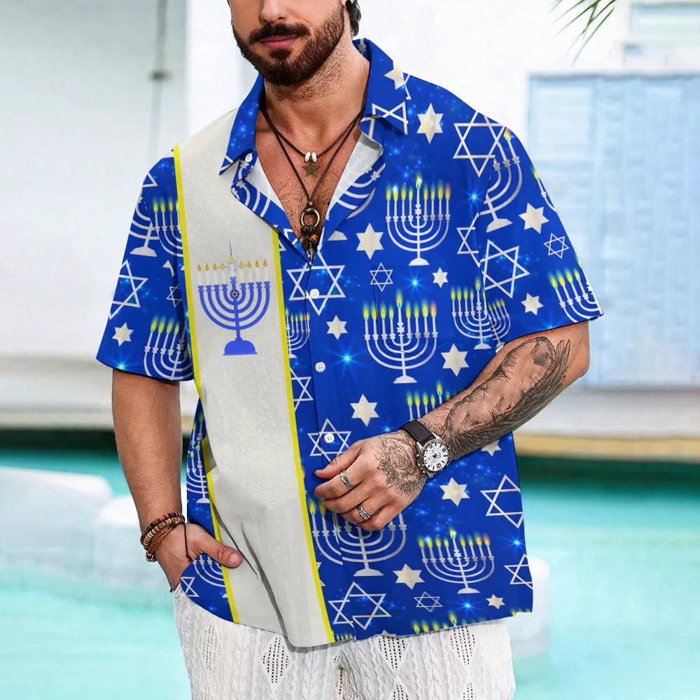Happy Hanukkah Menorah Print Bowling Shirt 2411011882