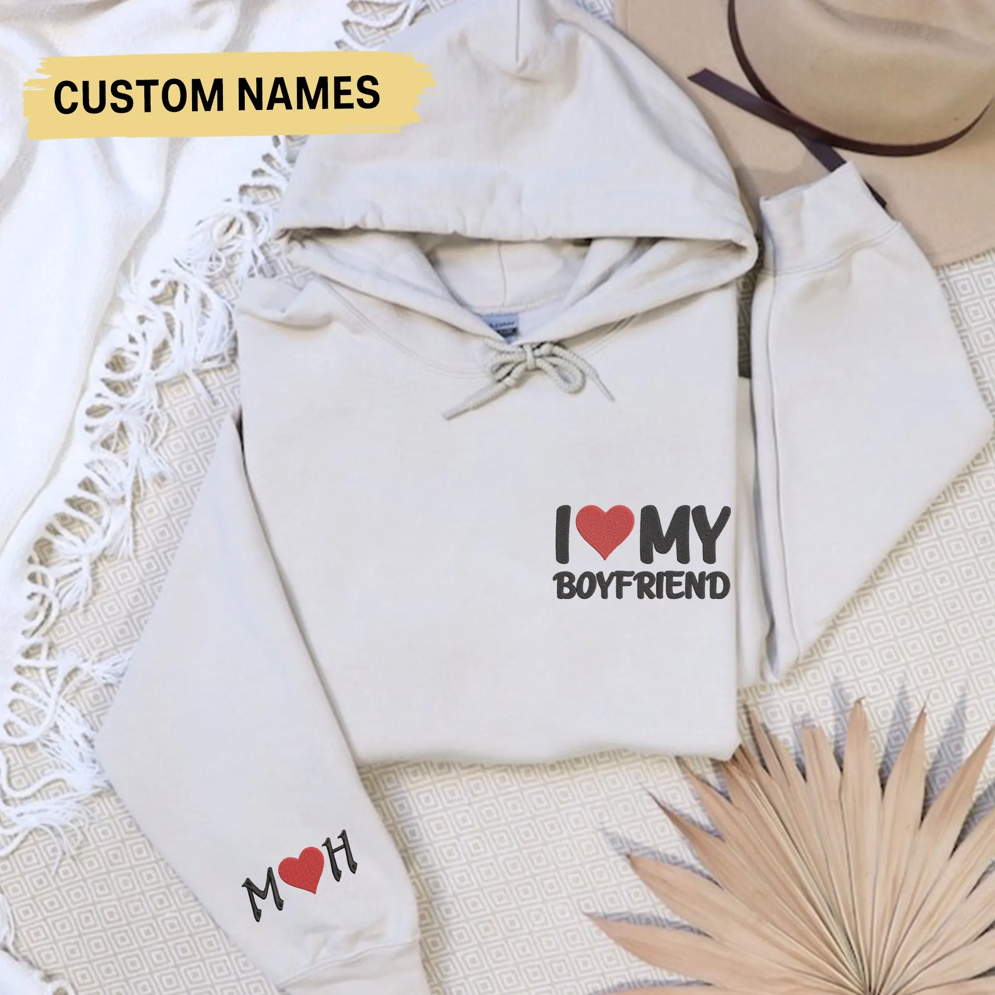 I Love My Boyfriend/Girlfriend Hoodie, Couple Embroidered Crewneck Initials on Sleeve, Couples Gifts Valentine Gift for Him For Her