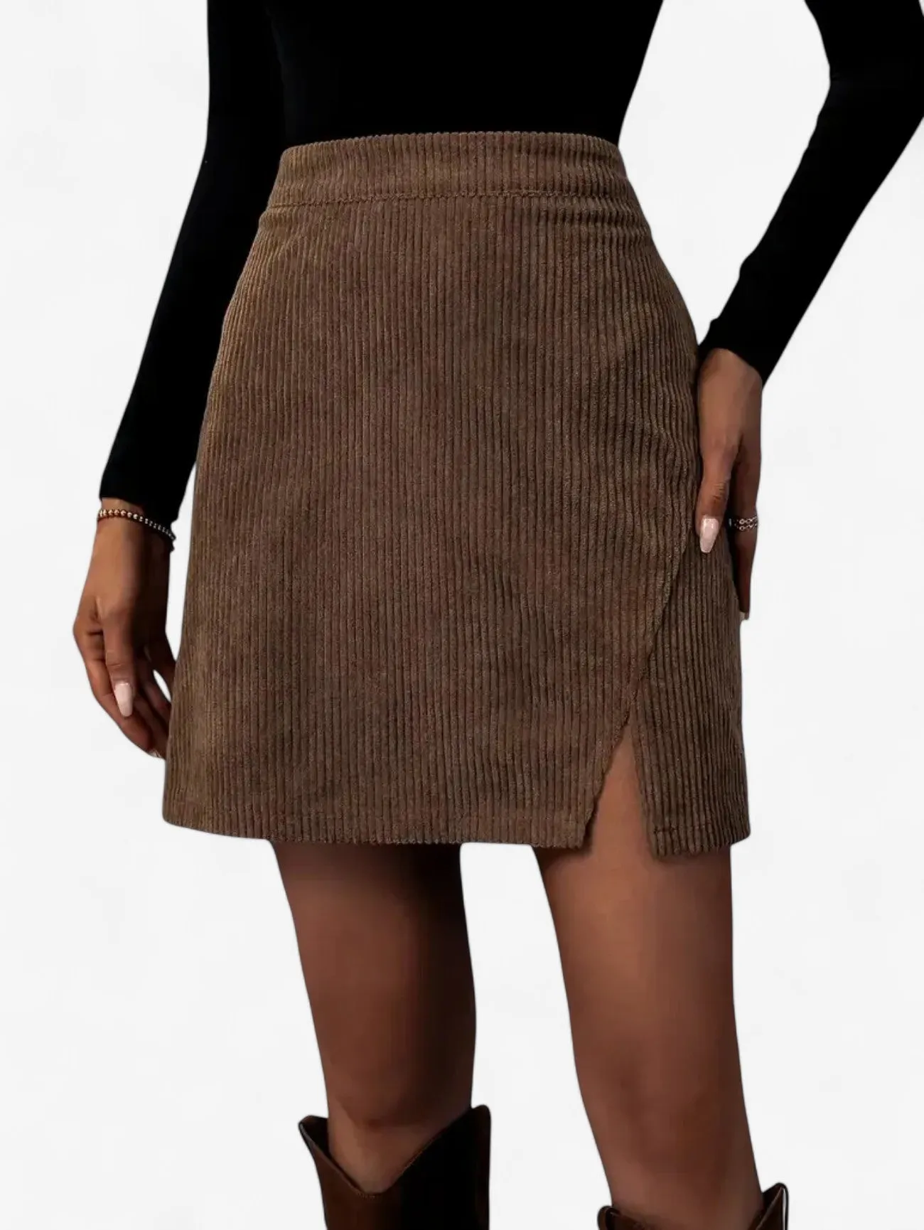 Jada | Women's High Waist Ribbed Mini Skirt with Split