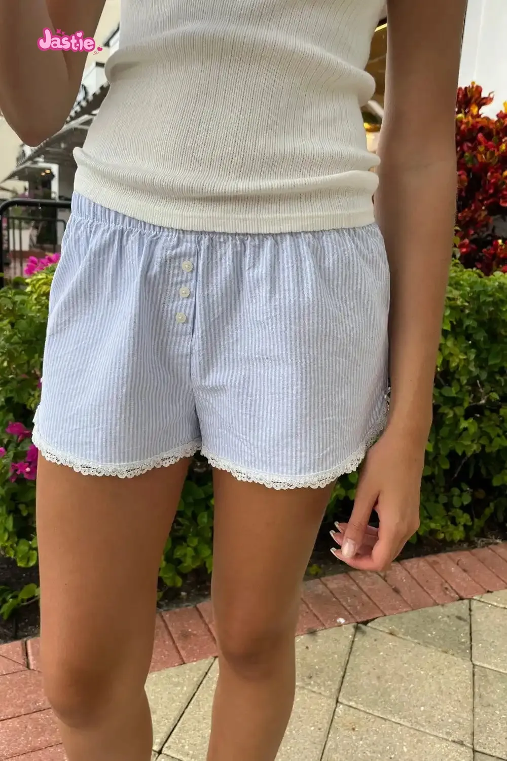 JazzHer Lace Patchwork Stripes Shorts Women Cotton Buttons Elastic High Waist Casual Straight Short Pants Sweet Bow Summer Sweatshorts