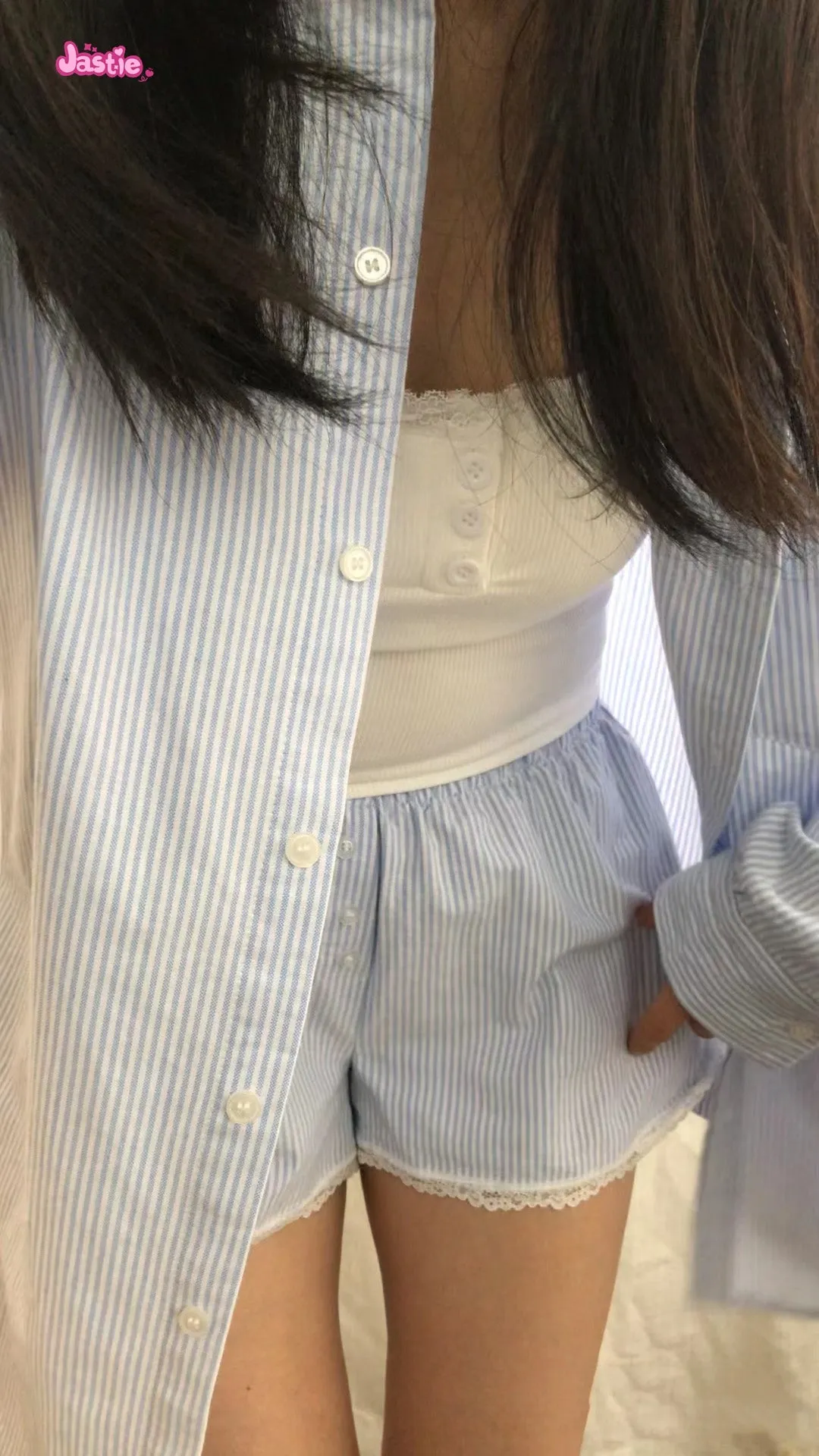 JazzHer Lace Patchwork Stripes Shorts Women Cotton Buttons Elastic High Waist Casual Straight Short Pants Sweet Bow Summer Sweatshorts