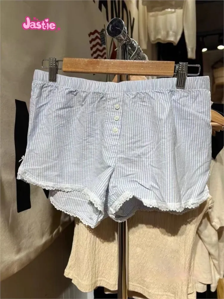 JazzHer Lace Patchwork Stripes Shorts Women Cotton Buttons Elastic High Waist Casual Straight Short Pants Sweet Bow Summer Sweatshorts