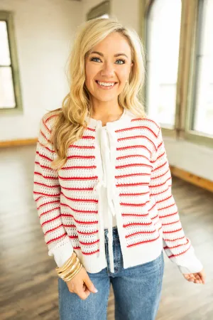 JOELLE FRONT TIE STRIPED CARDIGAN