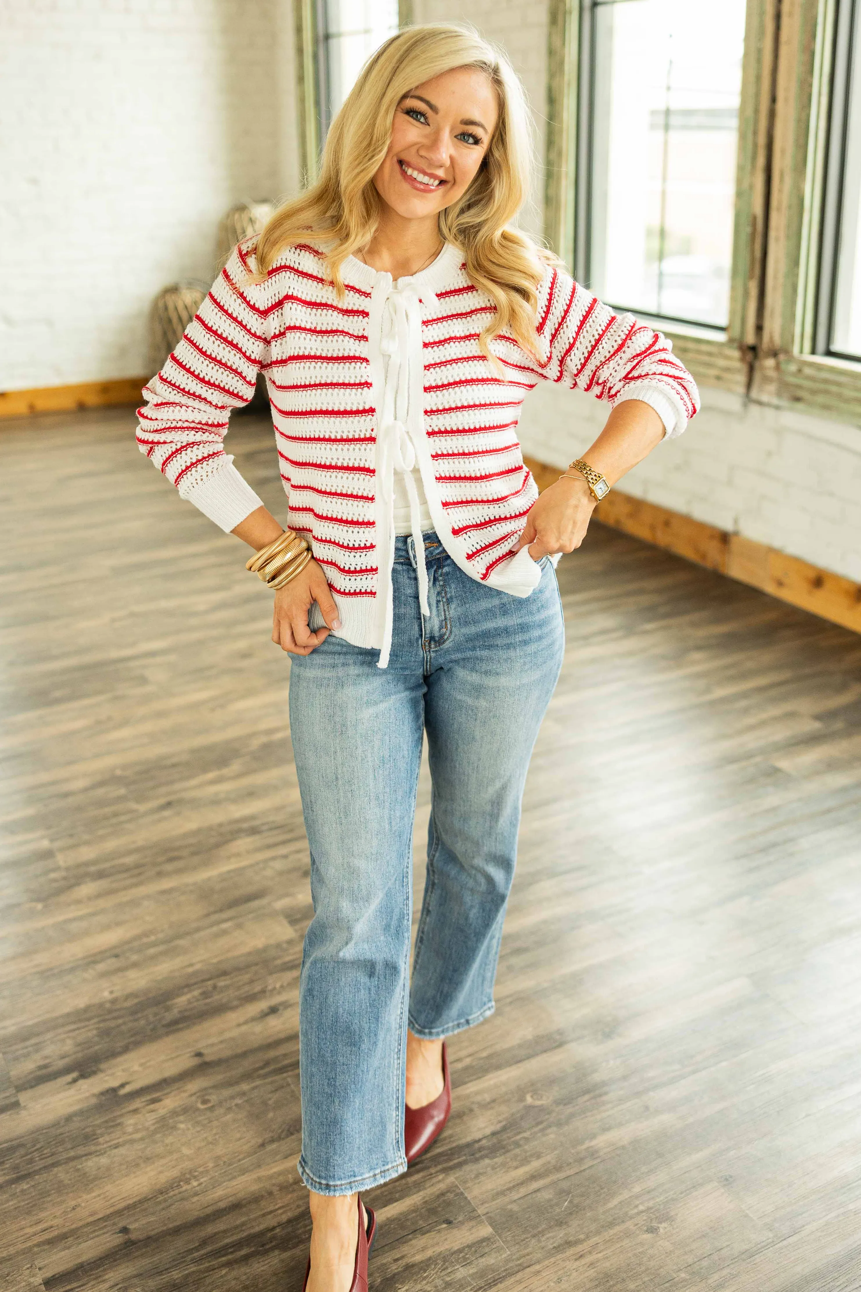JOELLE FRONT TIE STRIPED CARDIGAN