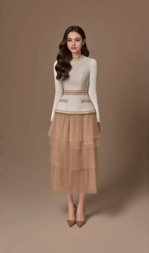 Kaity Layered Skirt set in beige