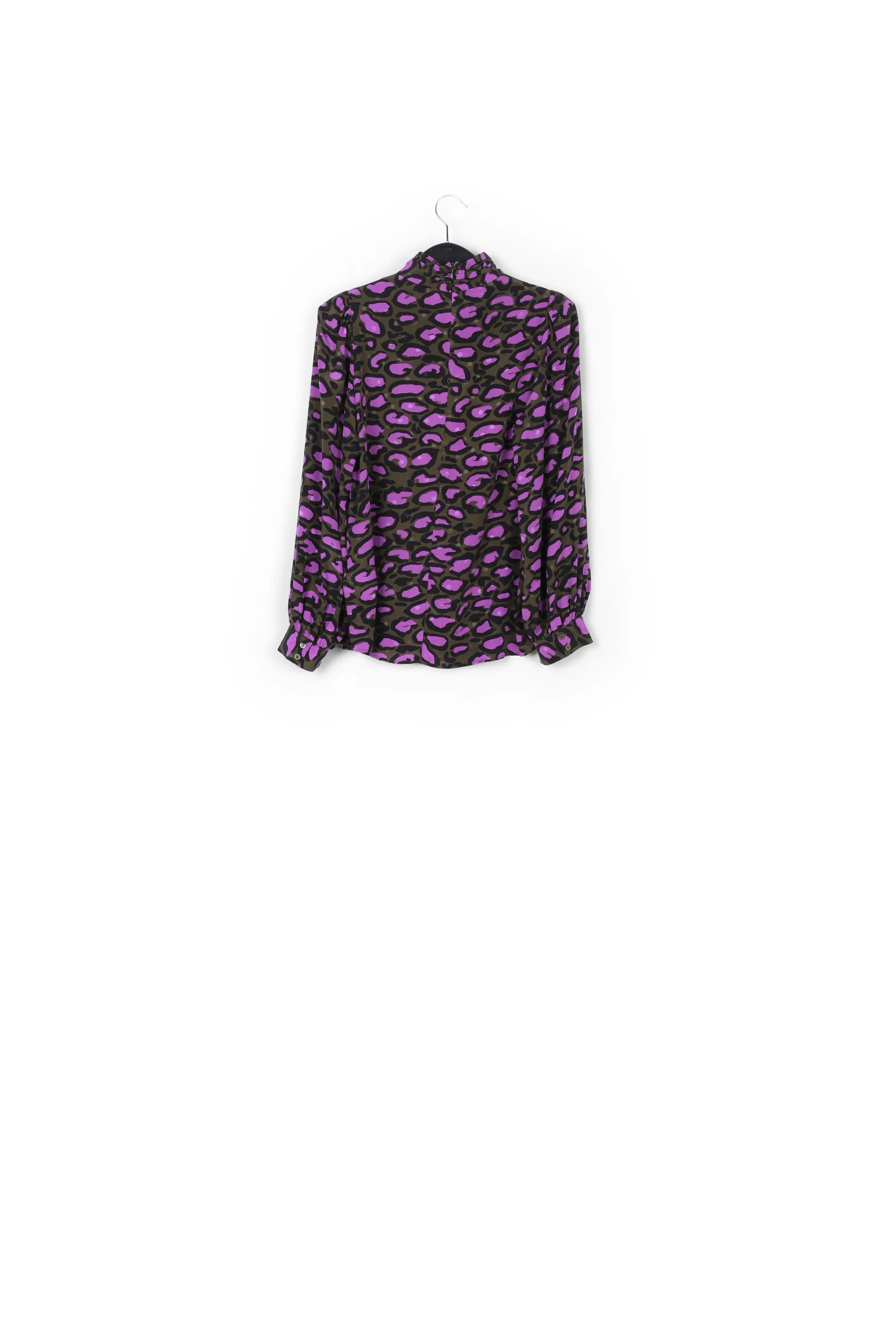Khaki green silk top with stand-up collar and leopard print