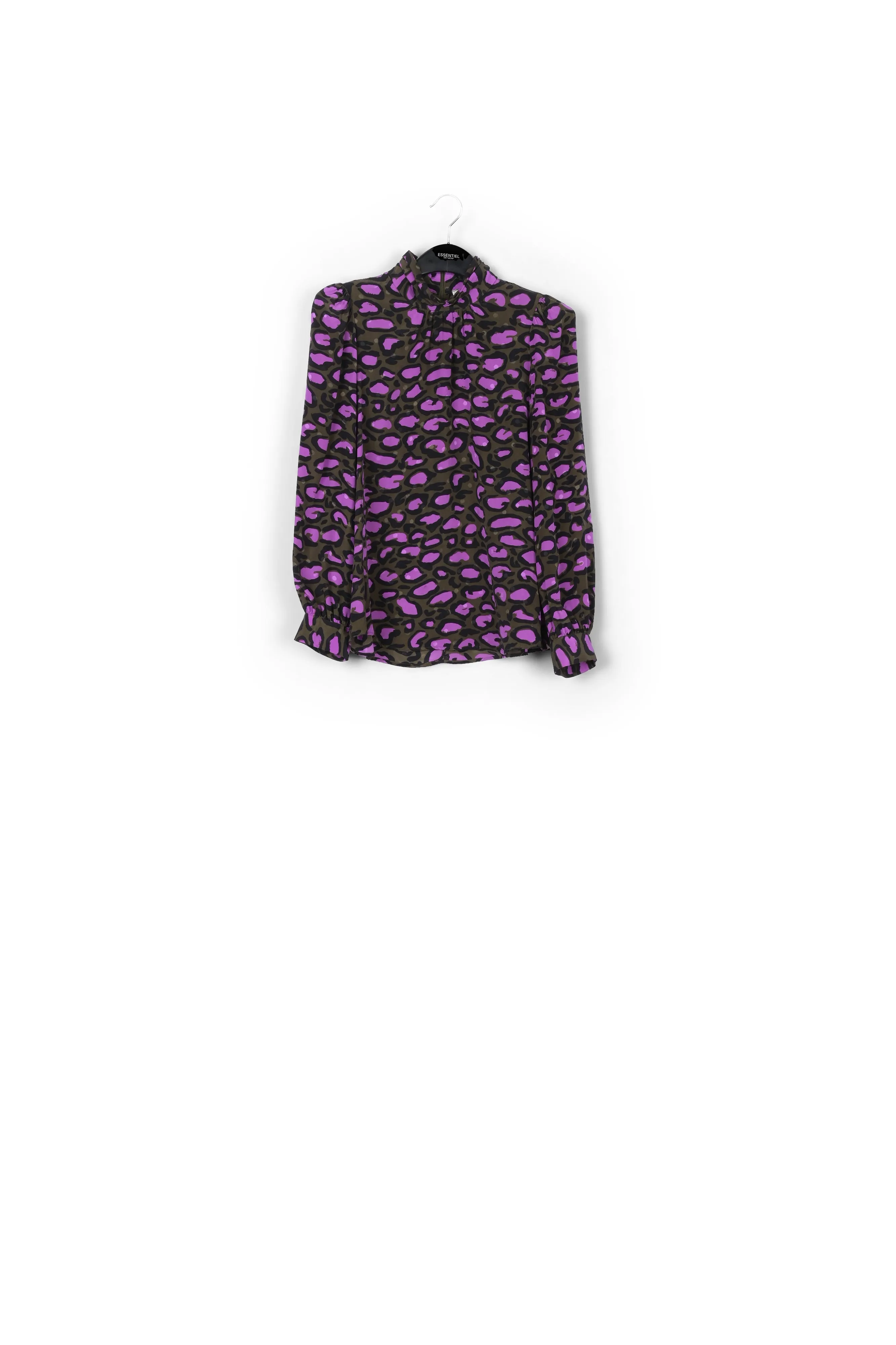 Khaki green silk top with stand-up collar and leopard print