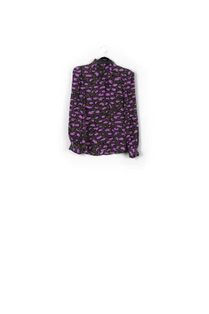 Khaki green silk top with stand-up collar and leopard print