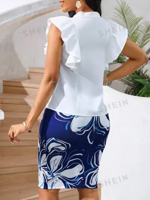 Lady Elegant White Ruffle Trim Bow Tie Top With Flower Printed Bodycon Skirt Two Piece Set, Summer