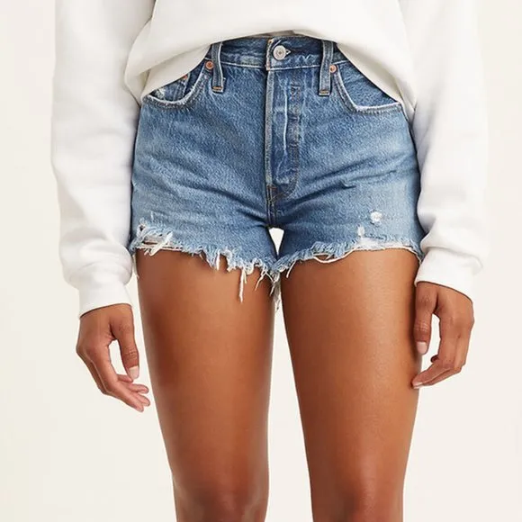 Levi's 501 24 NWT Athens Medium Wash Denim High waist Cut Off Jeans Shorts W24