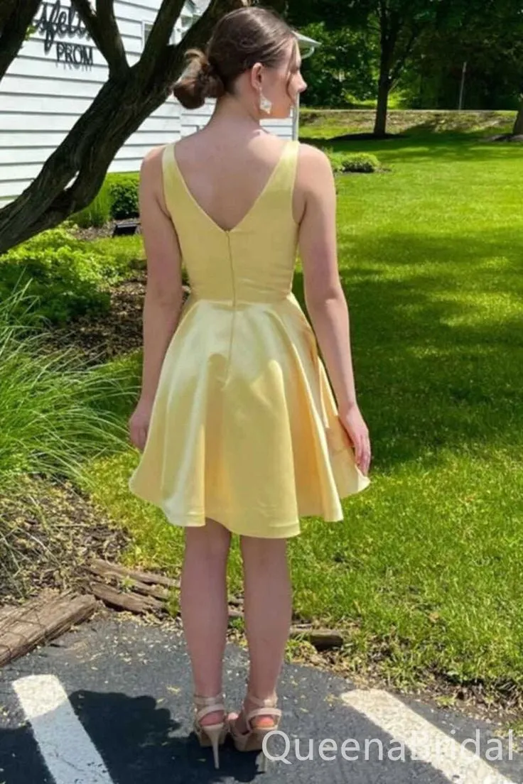 Light Yellow V-neck Layer A-line Graduation Party Short Homecoming Dresses ,QB0722