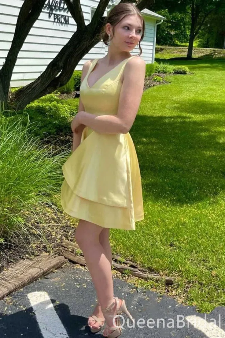 Light Yellow V-neck Layer A-line Graduation Party Short Homecoming Dresses ,QB0722