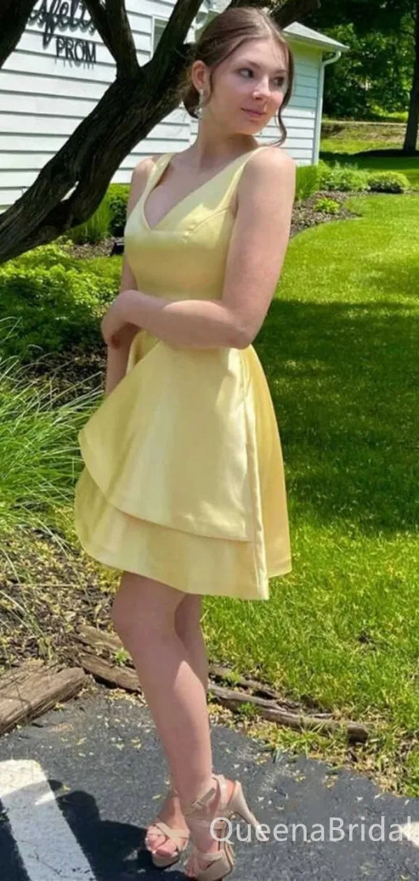Light Yellow V-neck Layer A-line Graduation Party Short Homecoming Dresses ,QB0722