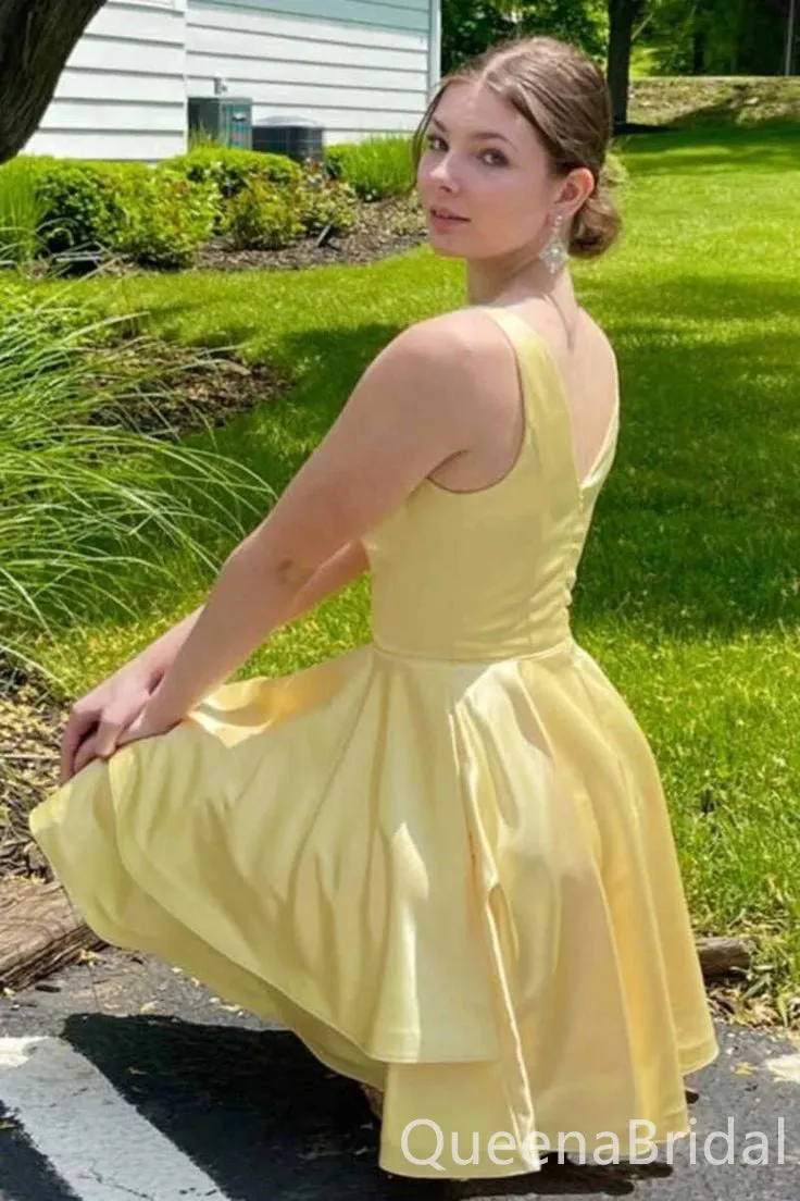 Light Yellow V-neck Layer A-line Graduation Party Short Homecoming Dresses ,QB0722