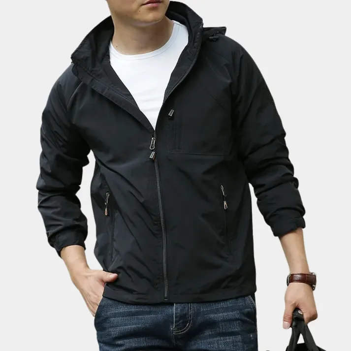 Lightweight men's outdoor jacket with hood and sporty design