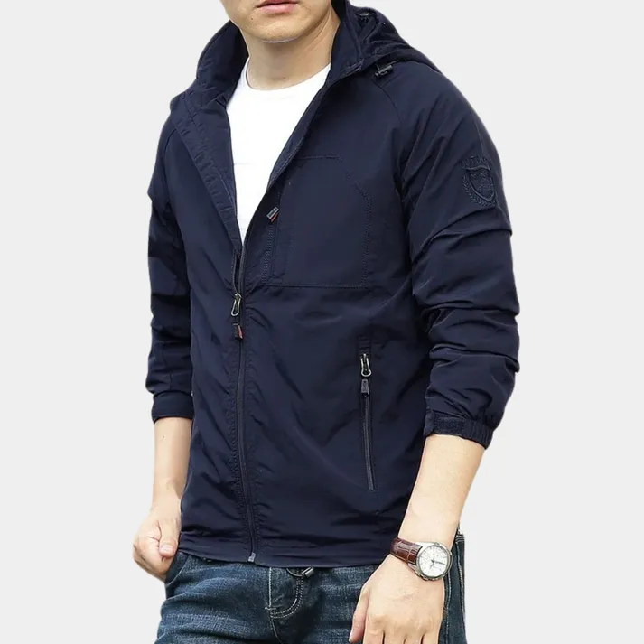 Lightweight men's outdoor jacket with hood and sporty design