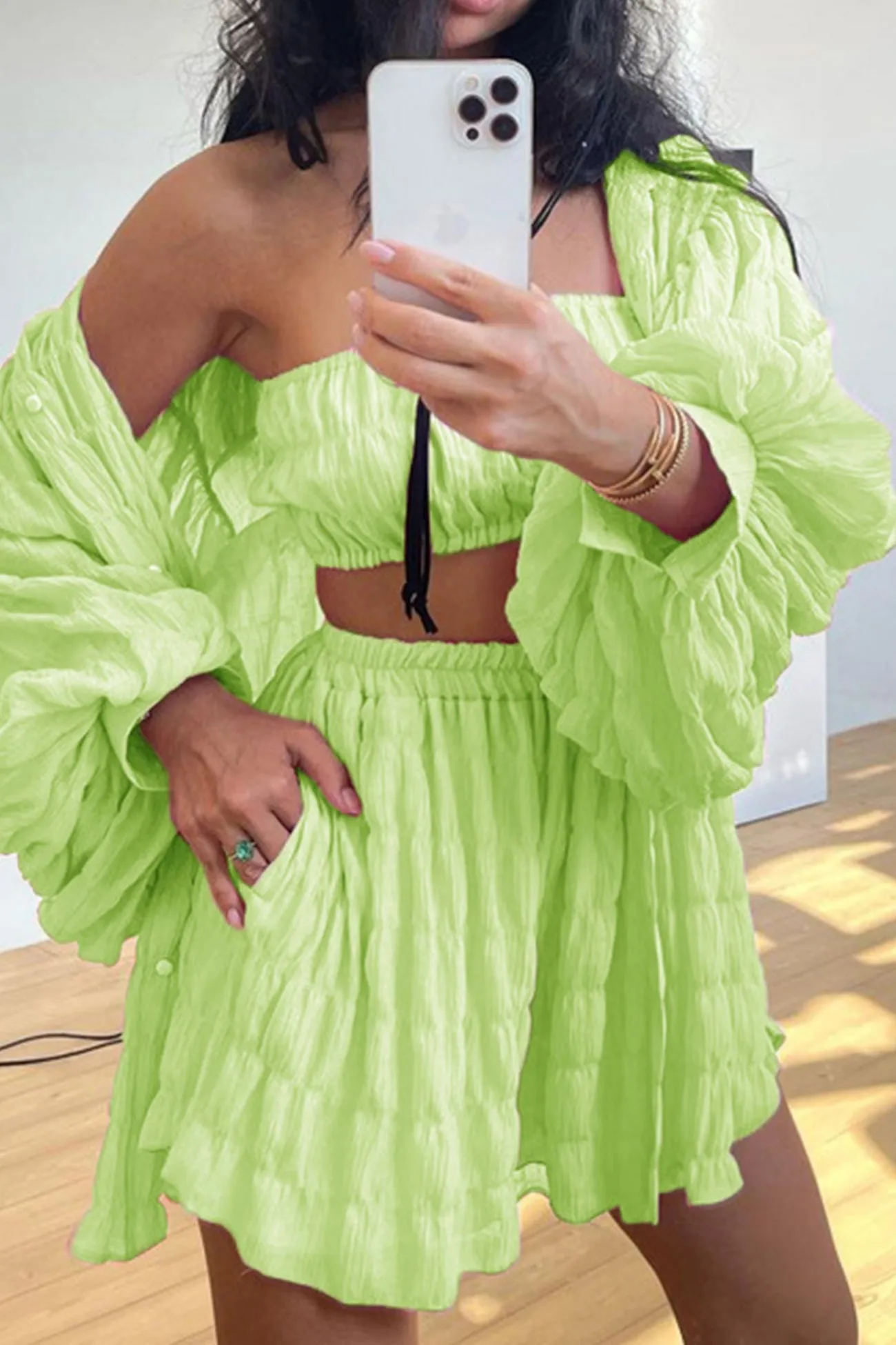 Long Puff Sleeve Shirt Strapless Three-piece Shorts Set